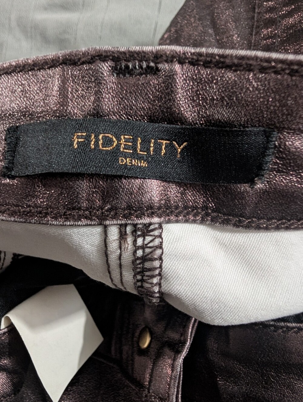 Fidelity Denim Lily High Boot Jeans Burgundy Metallic Foil-Coated Size 26 - Picture 5 of 12